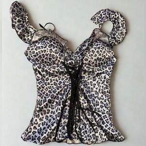 Leopard Print Lace-Up Satin Bustier Top